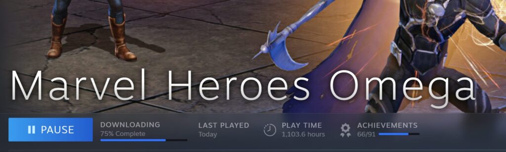 Marvel Heroes Omega image of steam downloading the client file.